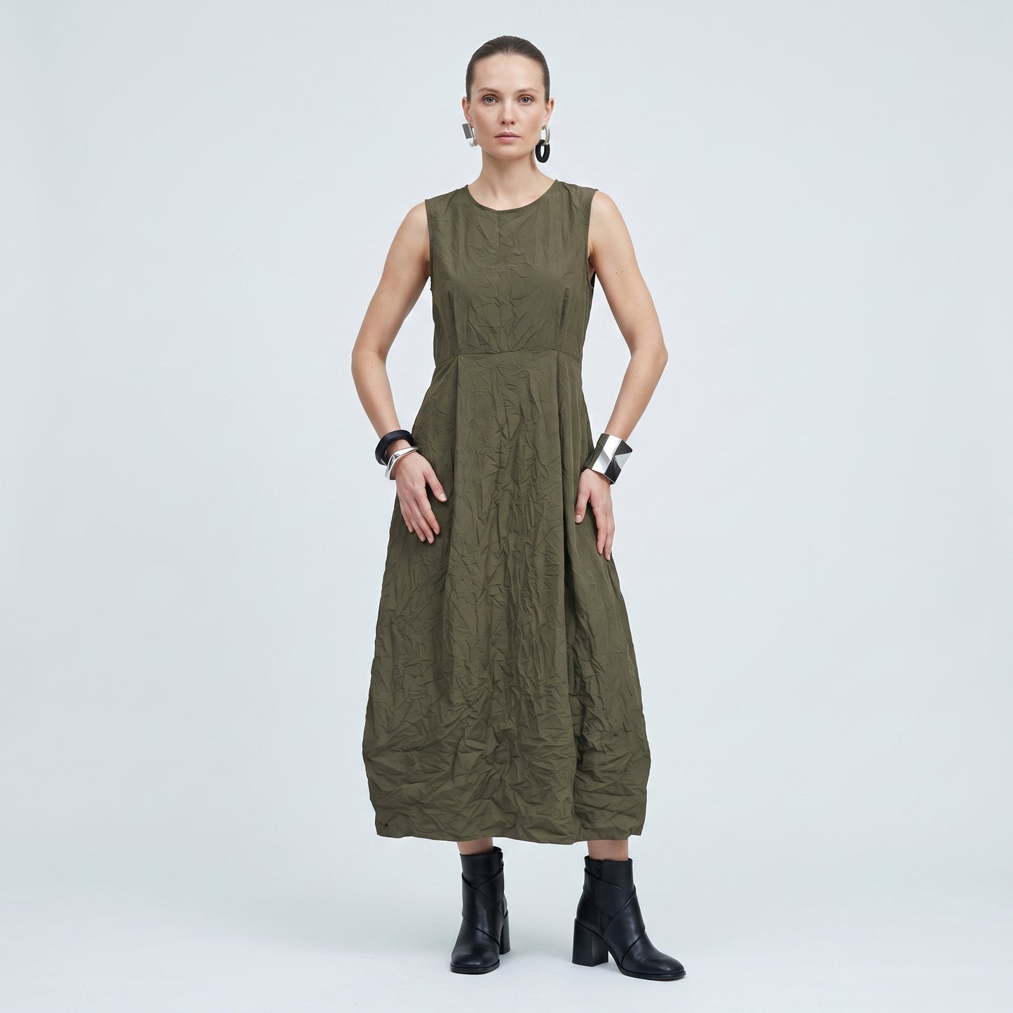 Pleated Olive Midi Dress