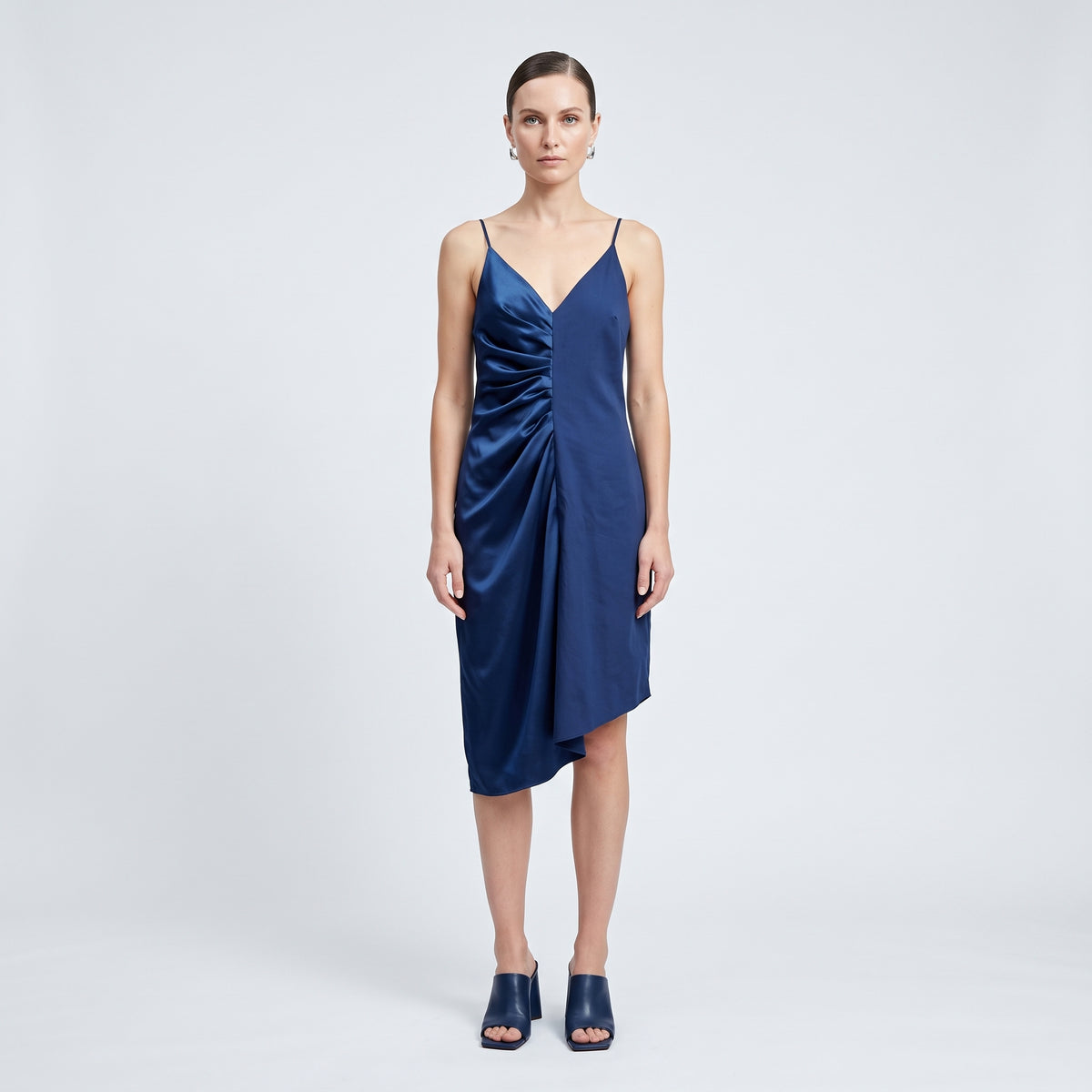 Satin Ruched Asymmetric Mini Dress
