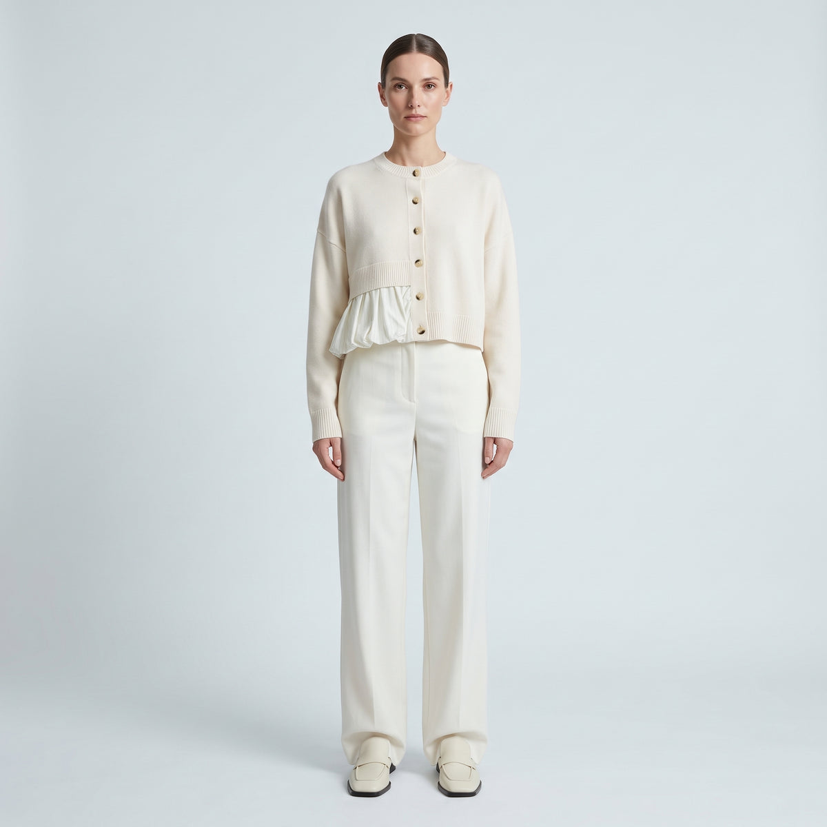 Paneled Ruffled Button-Down Cardigan