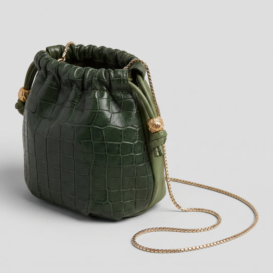 Croc-Embossed Leather Drawstring Bag