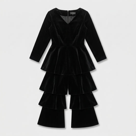 Black Tiered Velvet Jumpsuit