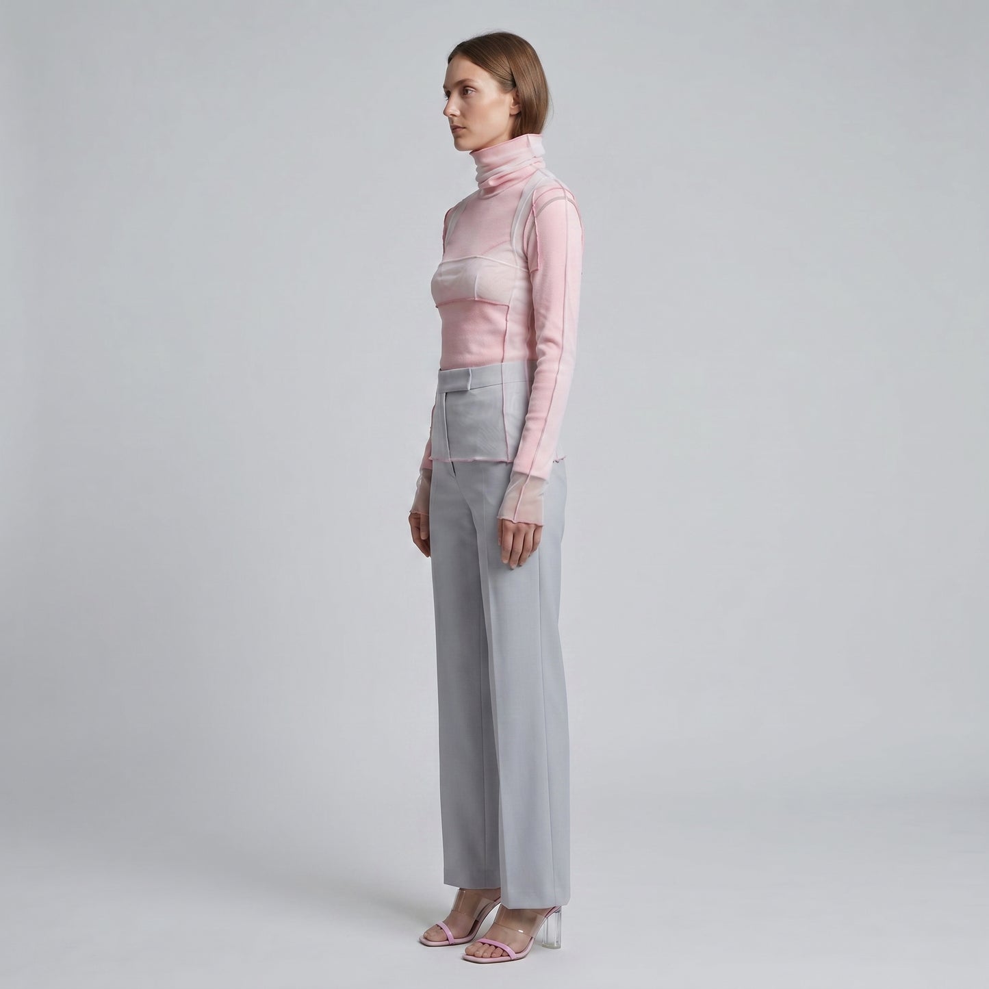 Layered Mesh Pink Turtleneck Top