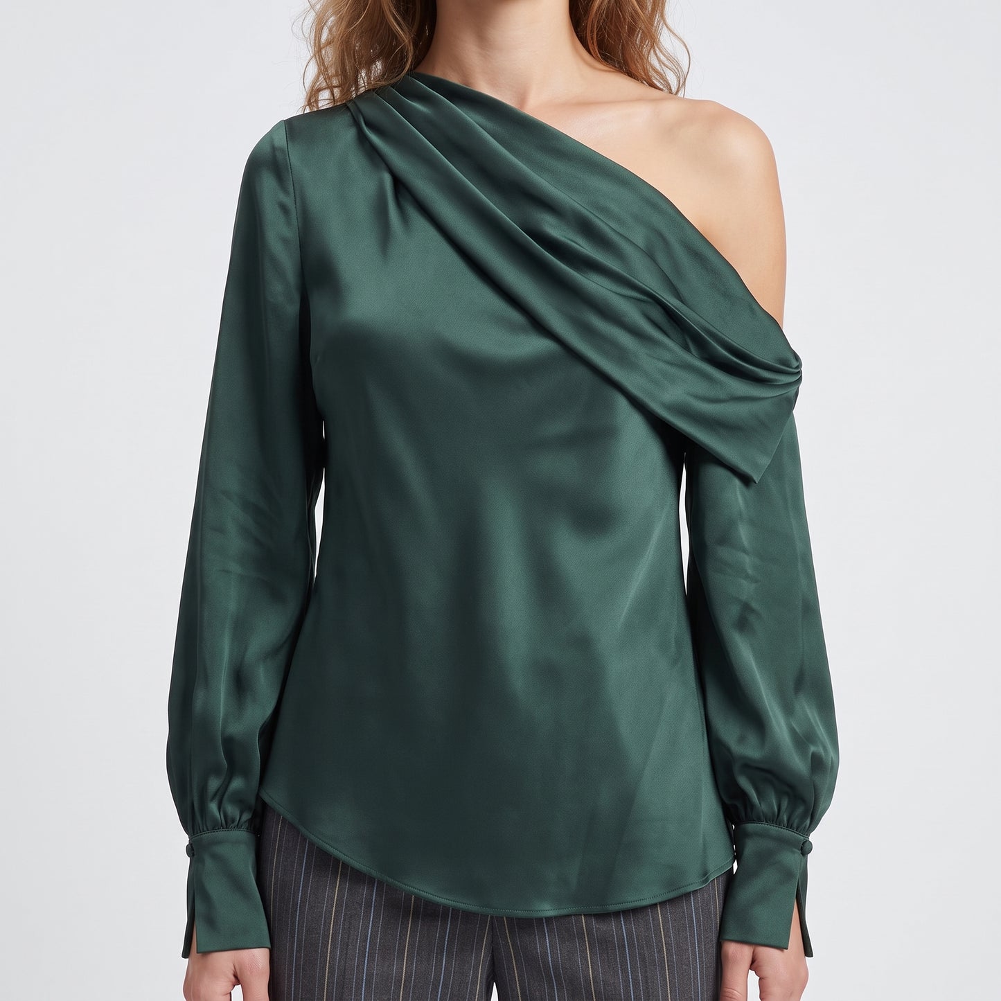 Draped One-Shoulder Satin Blouse