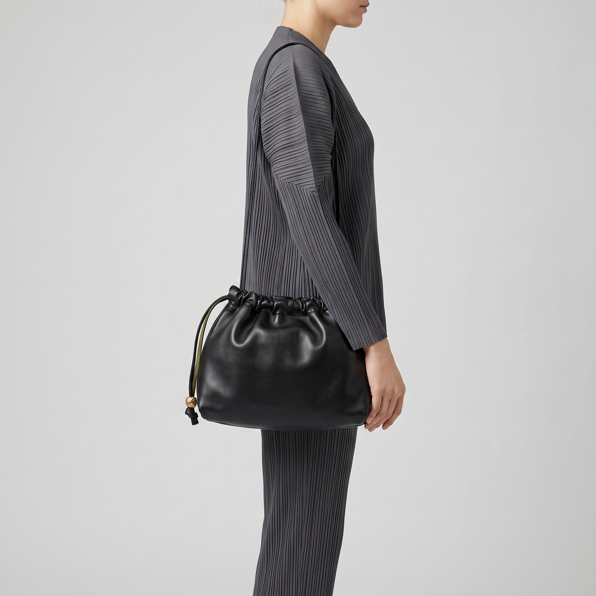 Ruched Leather Drawstring Crossbody Bag