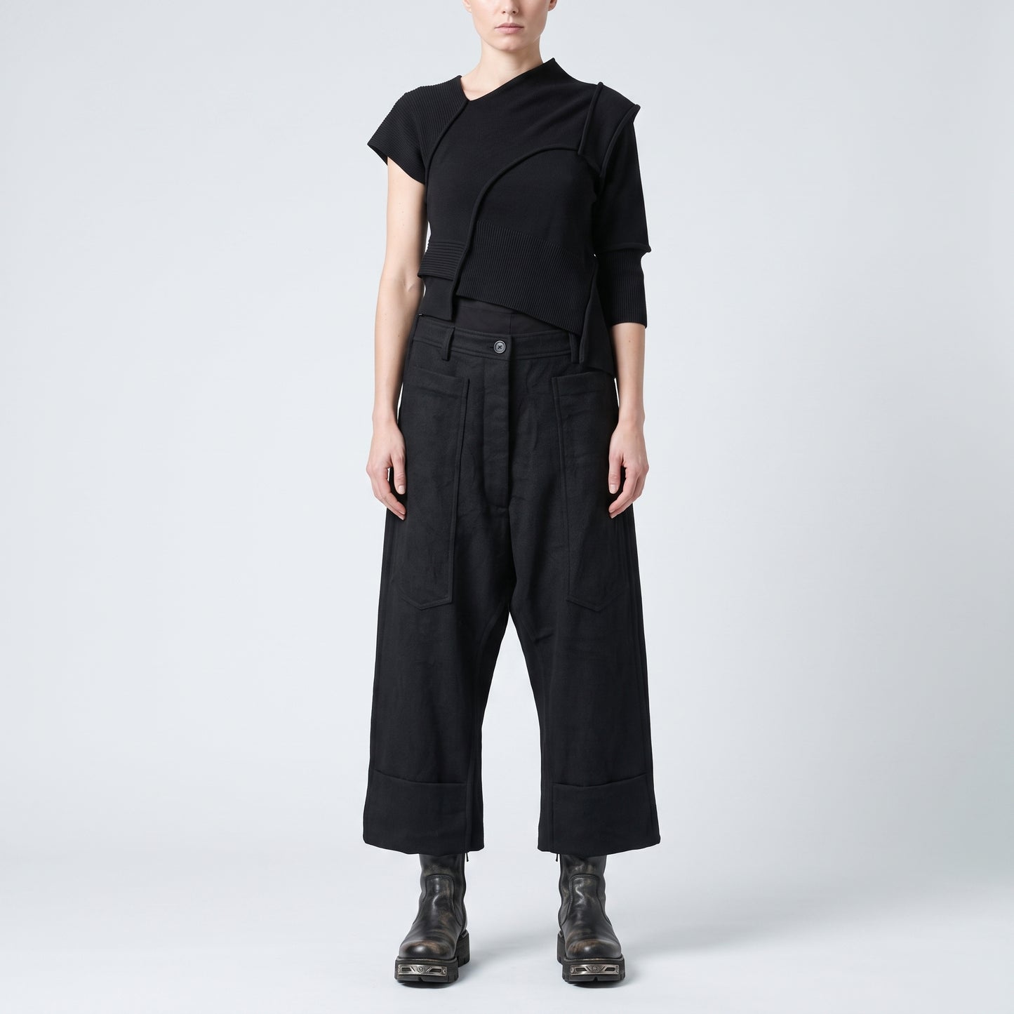Textured Black Cropped Trousers