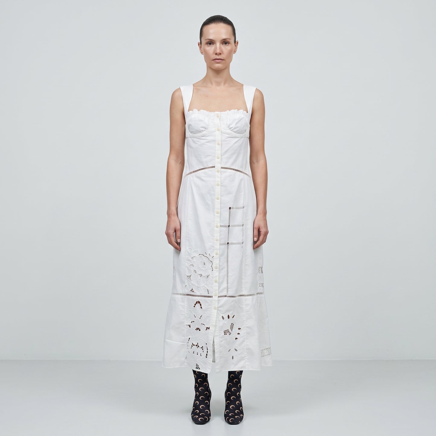White Embroidered Corset Midi Dress