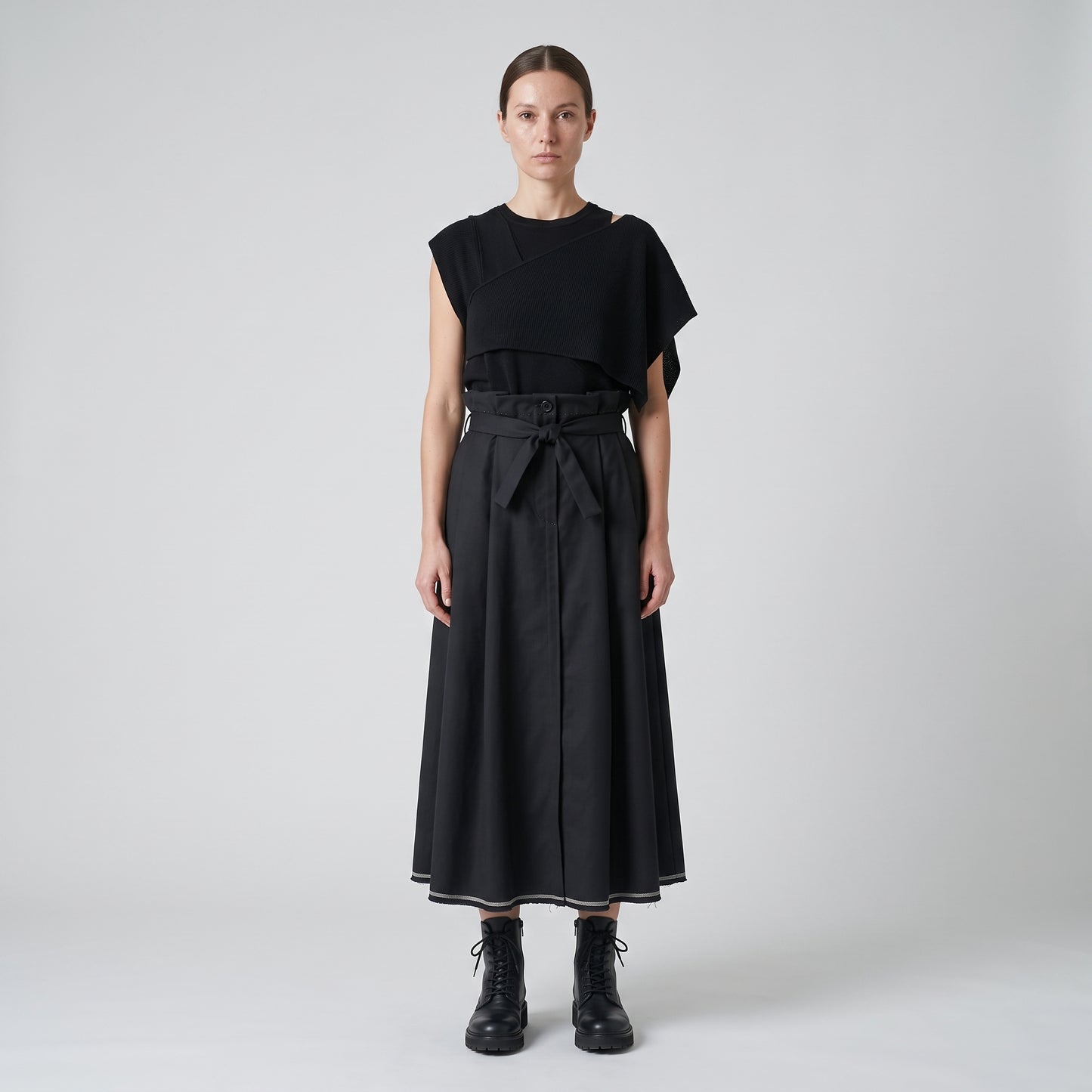 Black Paperbag Waist Midi Skirt