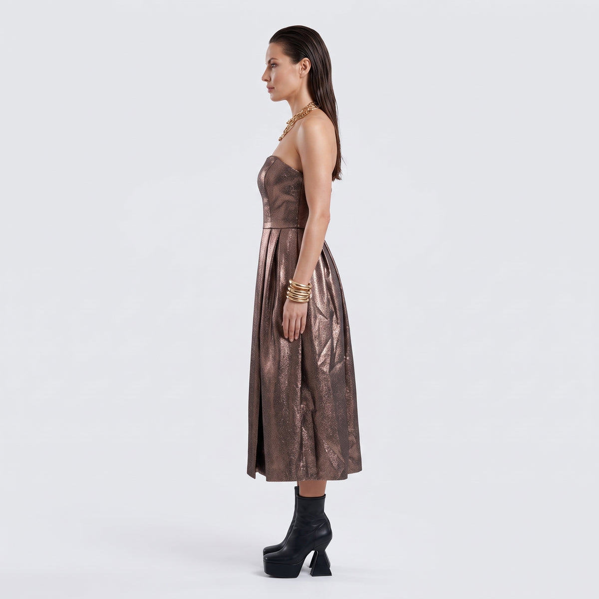 Metallic Strapless Pleated Dress