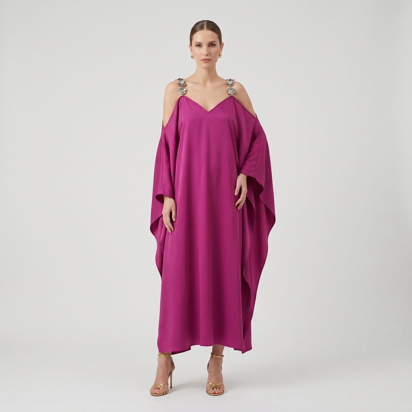 Embellished Strap Satin Kaftan Dress