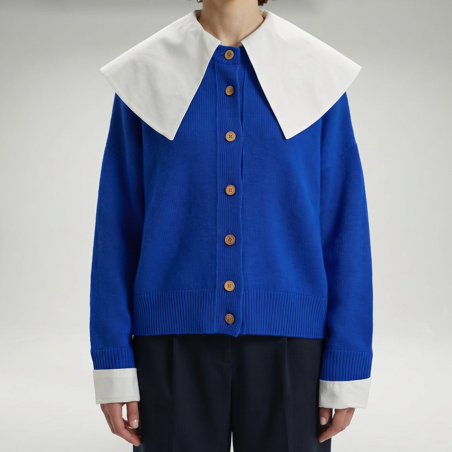 Contrast Collar Blue Knit Cardigan