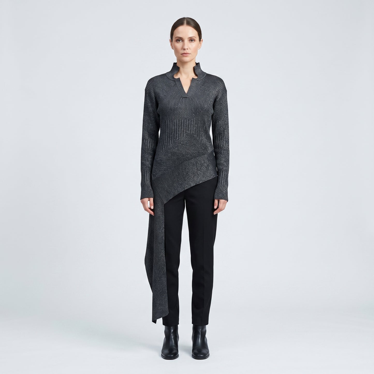 Metallic Ribbed Asymmetric Sweater