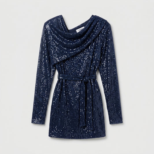 Navy Sequined Draped Mini Dress