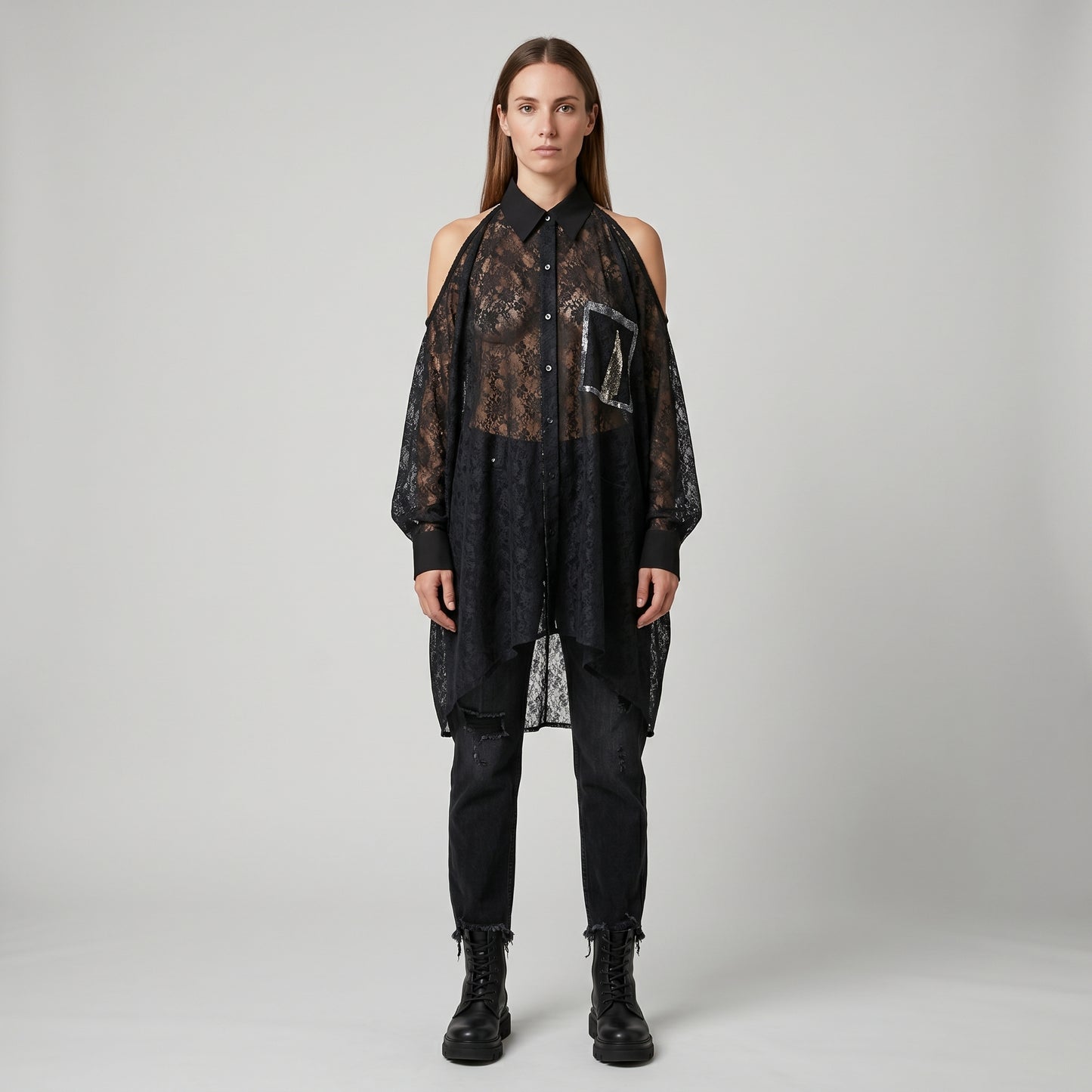 Cold Shoulder Black Lace Shirt