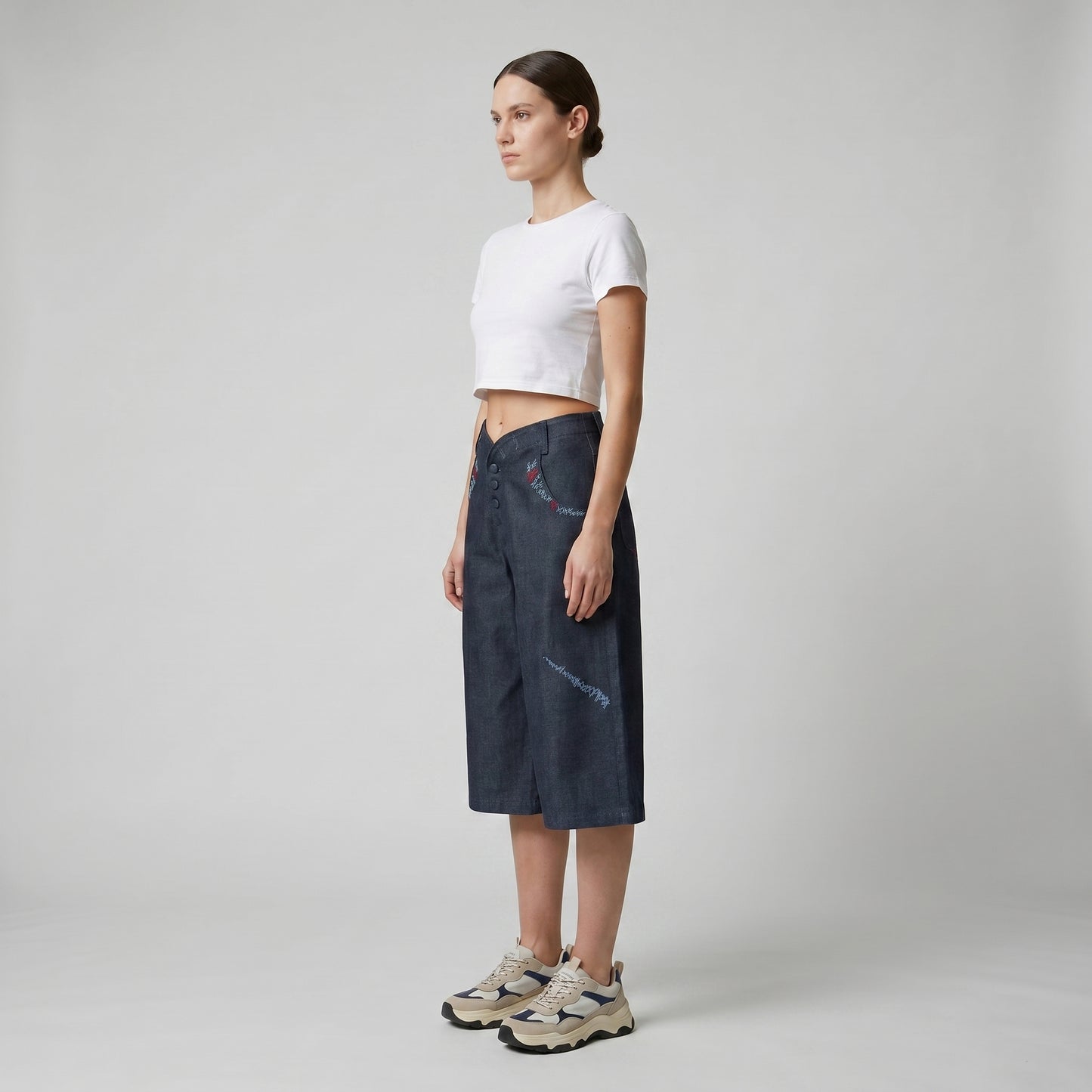 Embroidered Wide Leg Denim Culottes