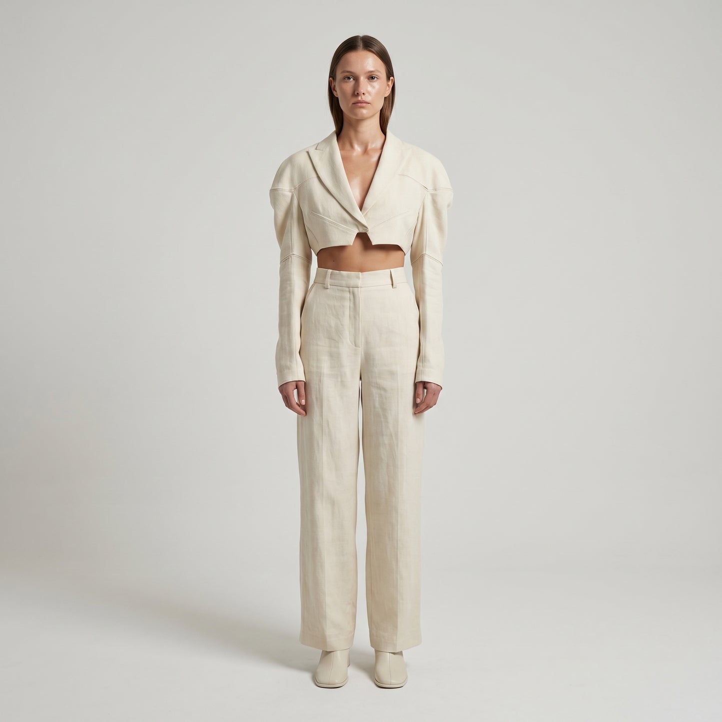 Cropped Structured Linen Tailored Jacket