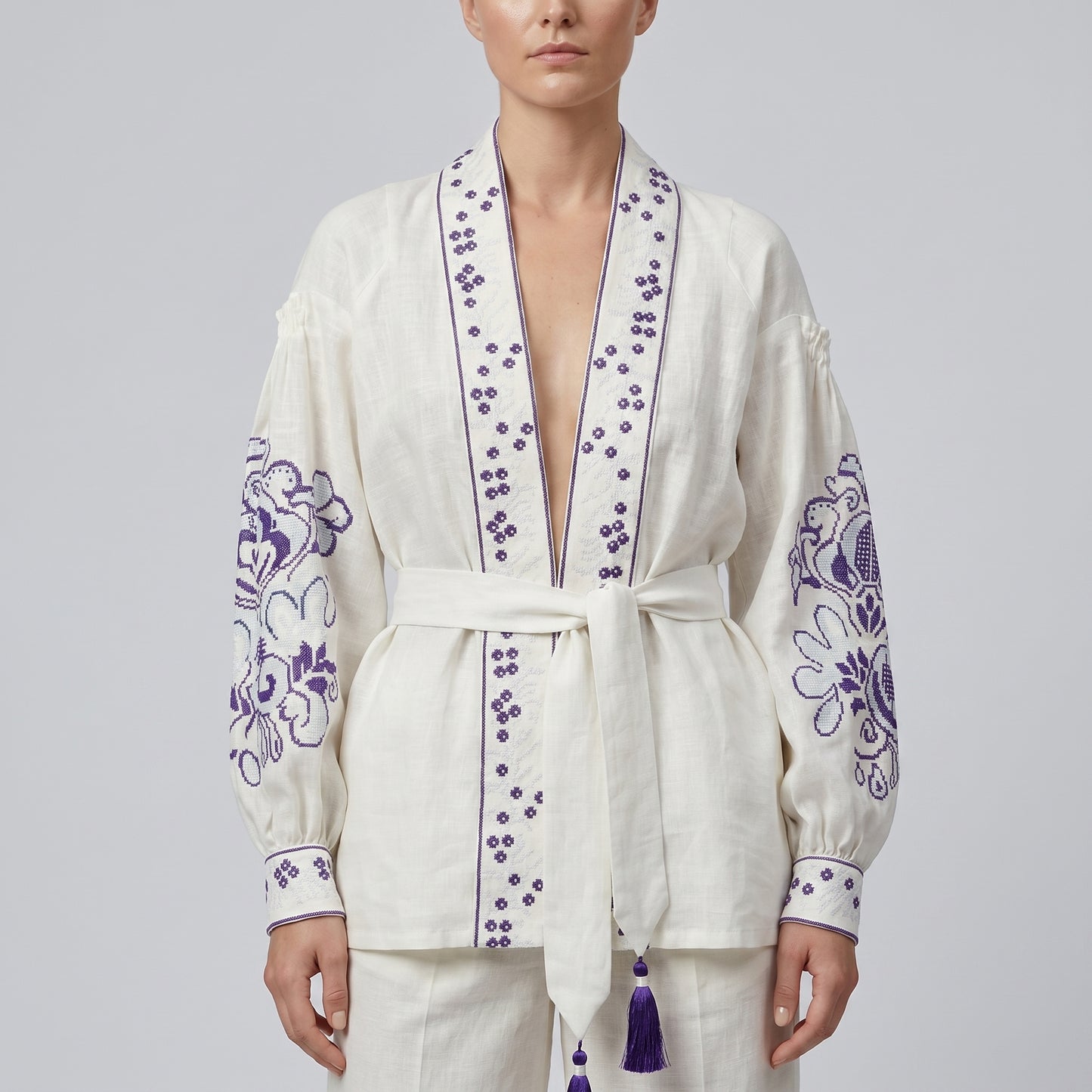Embroidered Linen Wrap Top