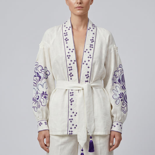 Embroidered Linen Wrap Top