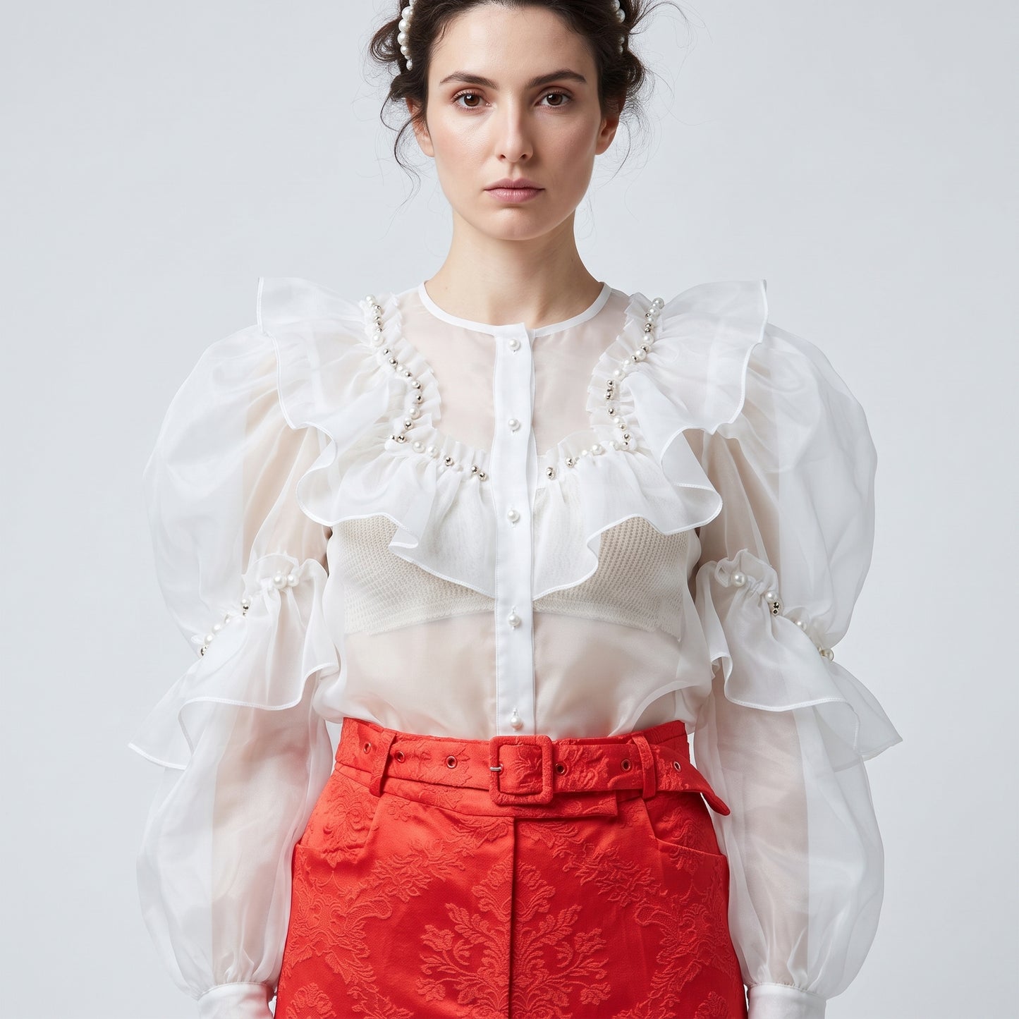 Red Jacquard Tailored Trousers