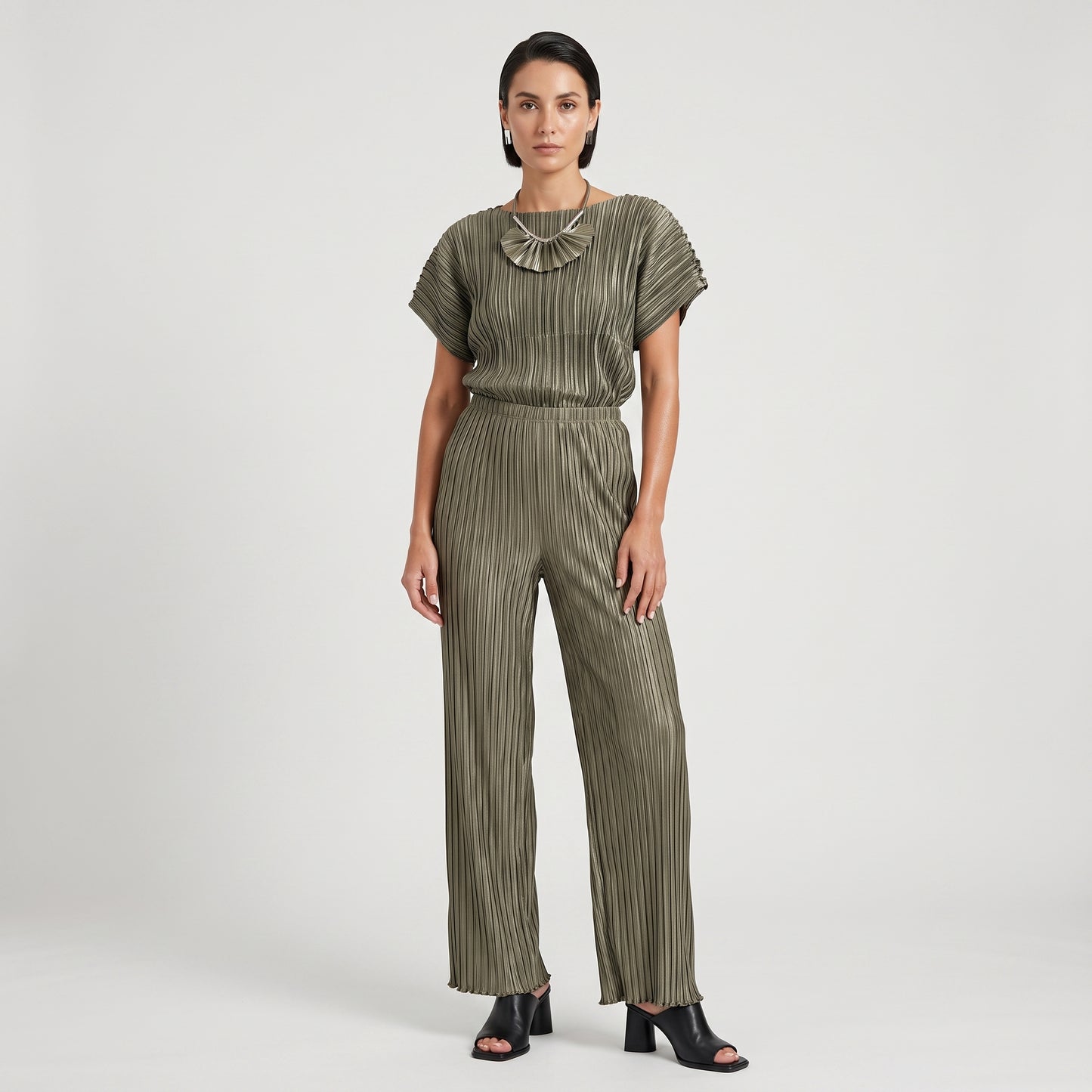 Pleated Wide Leg Olive Trousers