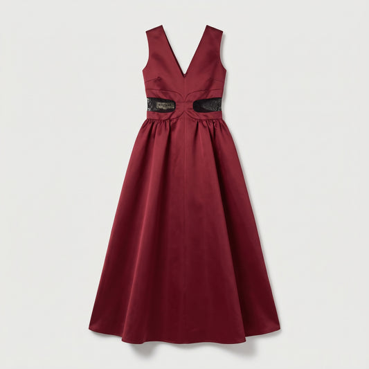 Burgundy Lace-Inset Evening Dress