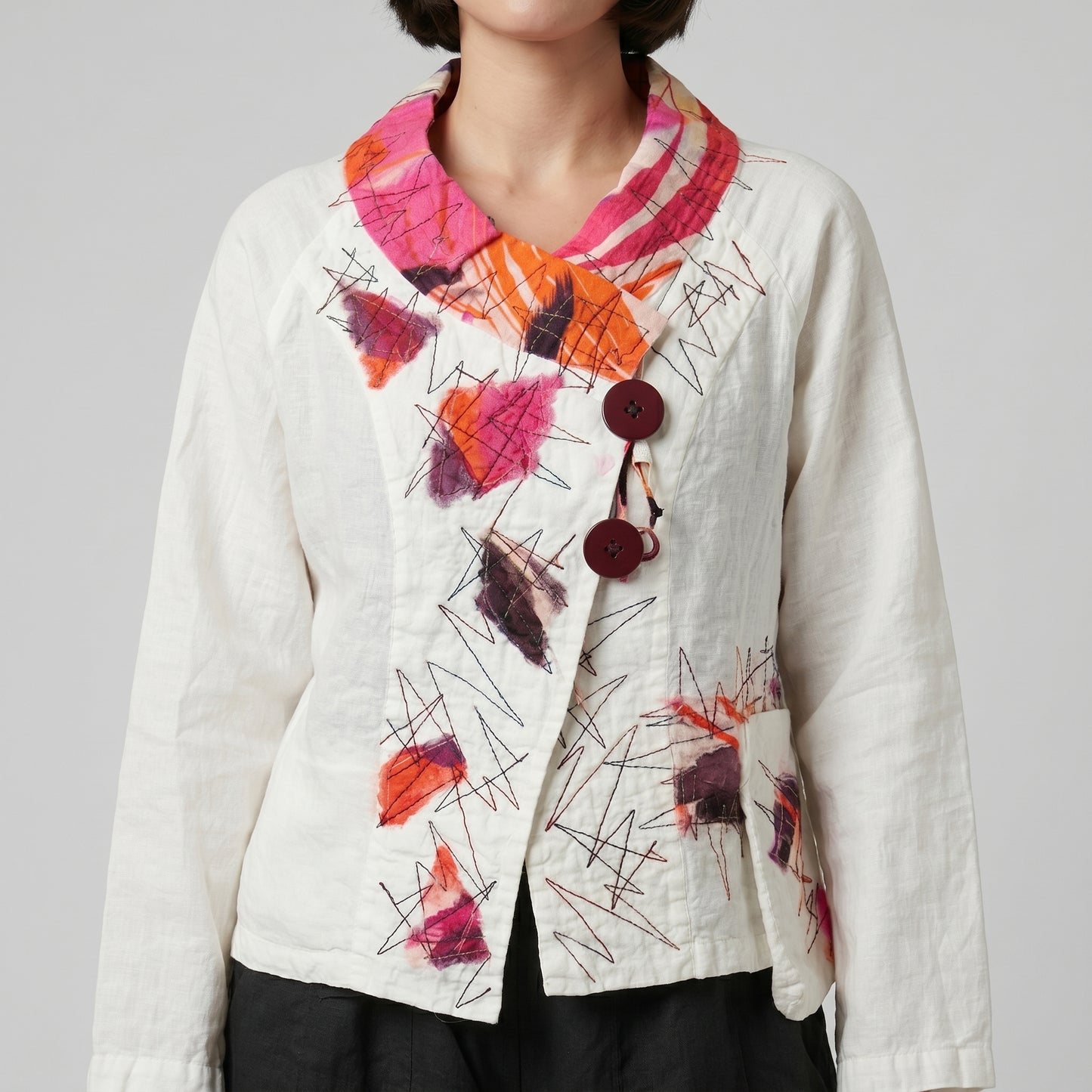 Abstract Embroidered White Linen Jacket