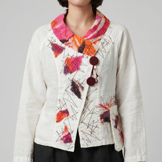 Abstract Embroidered White Linen Jacket