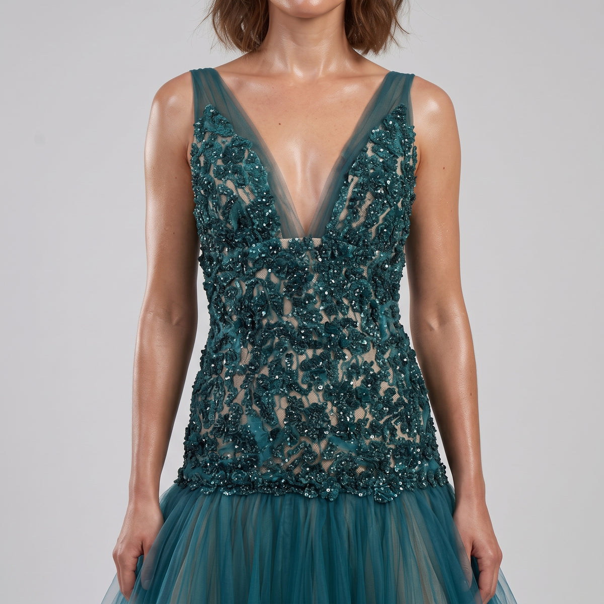 Embellished V-Neck Tulle Dress