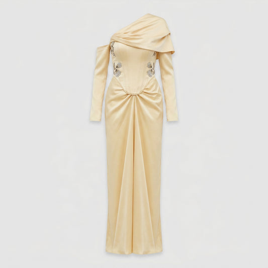 Embellished One-Shoulder Drape Gown