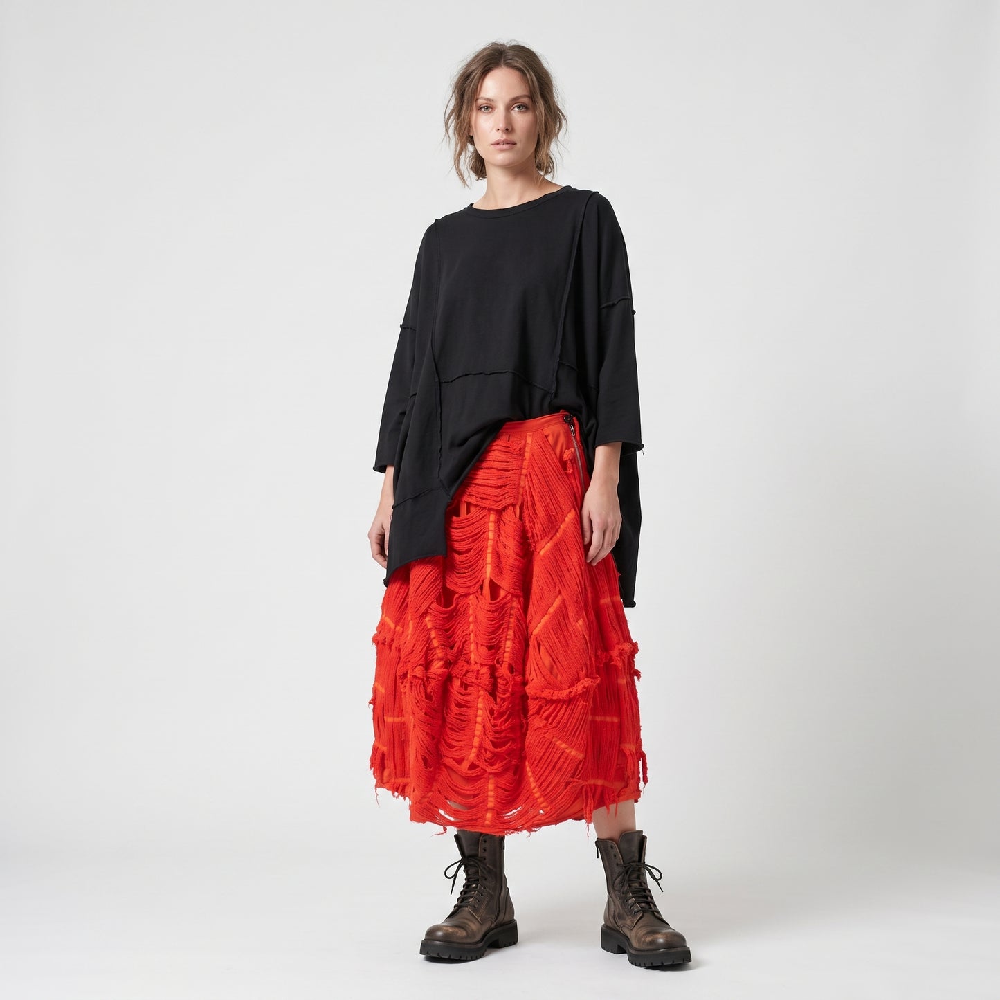 Textured Fringe Midi Skirt
