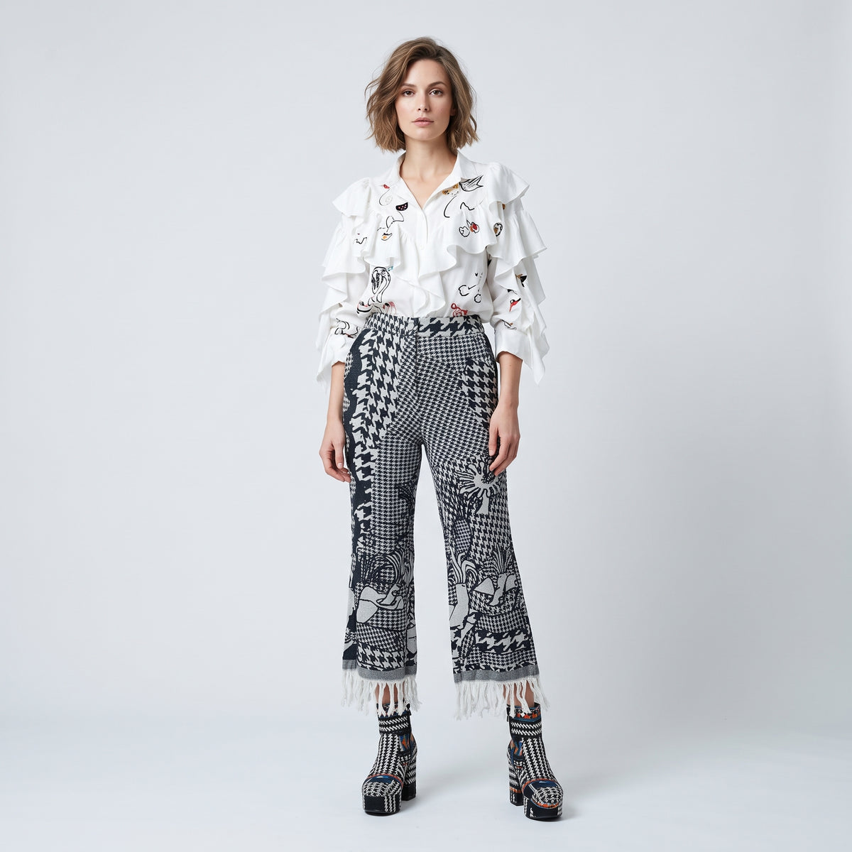 Graphic Patterned Fringed Trousers