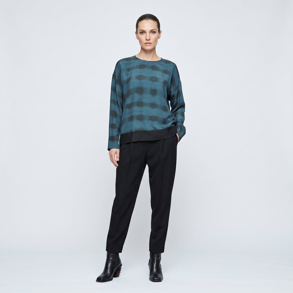 Abstract Print Silk Long-Sleeve Top