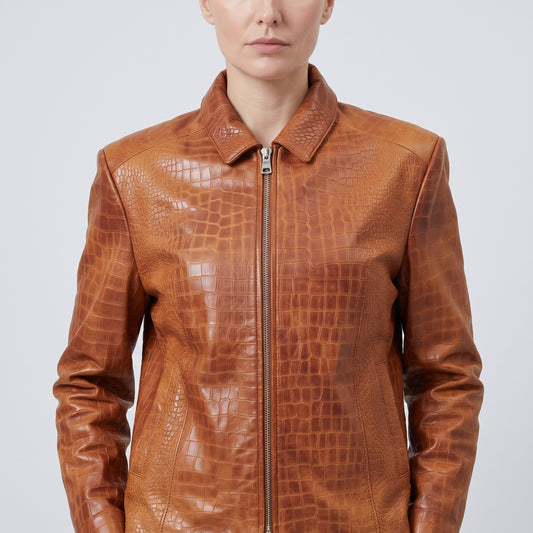 Crocodile Embossed Leather Jacket