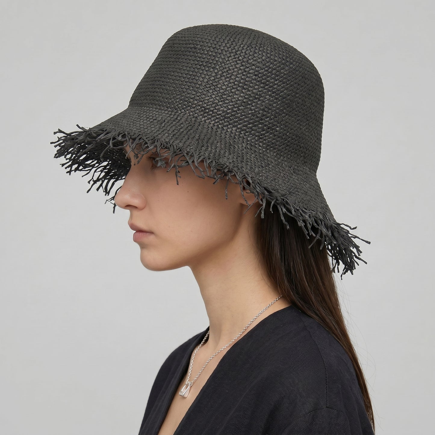 Fringed Woven Straw Bucket Hat