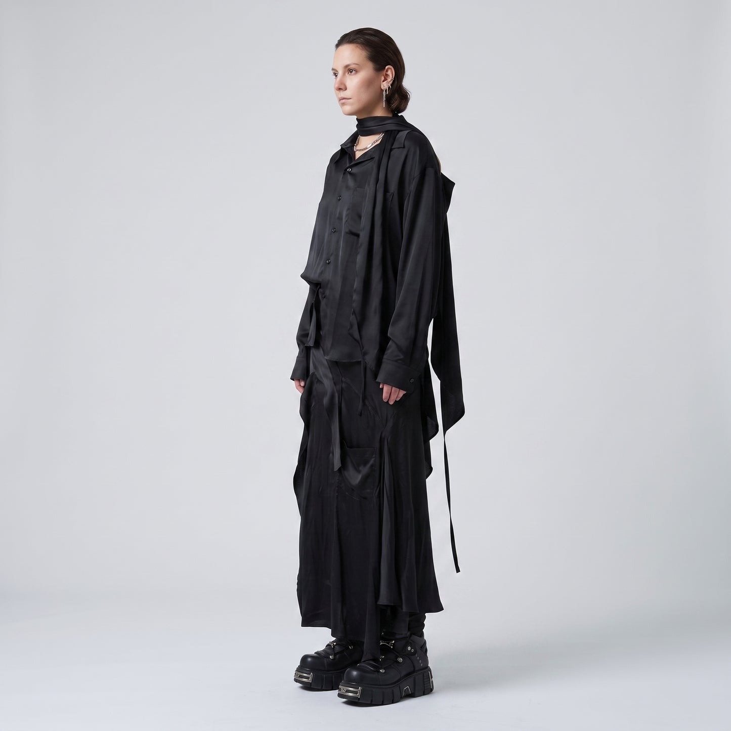 Draped Satin Shirt Dress