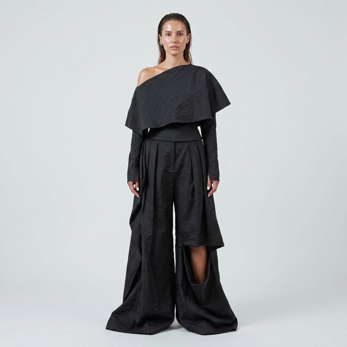 Asymmetric Pleated Wide Leg Trousers