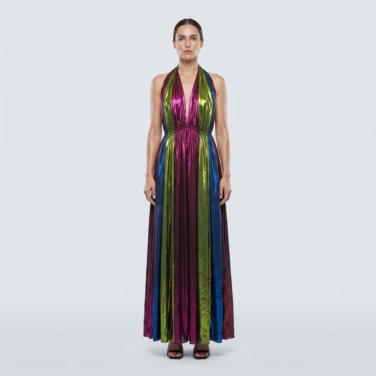 Metallic Plissé Halter Maxi Dress
