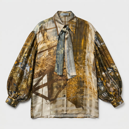Abstract Print Silk Tie Blouse