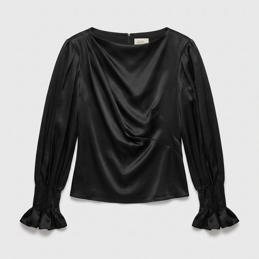 Draped Black Satin Blouse