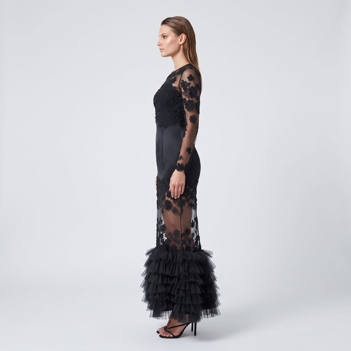 Embroidered Sheer Ruffle Evening Gown