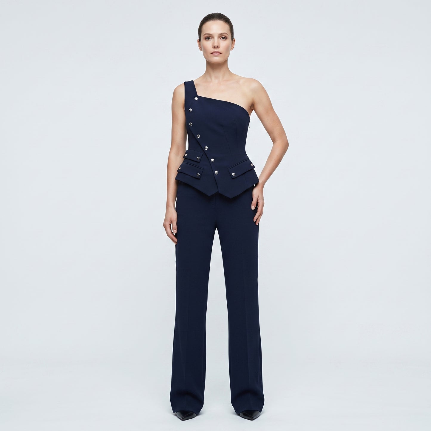 Structured One-Shoulder Peplum Jumpsuit