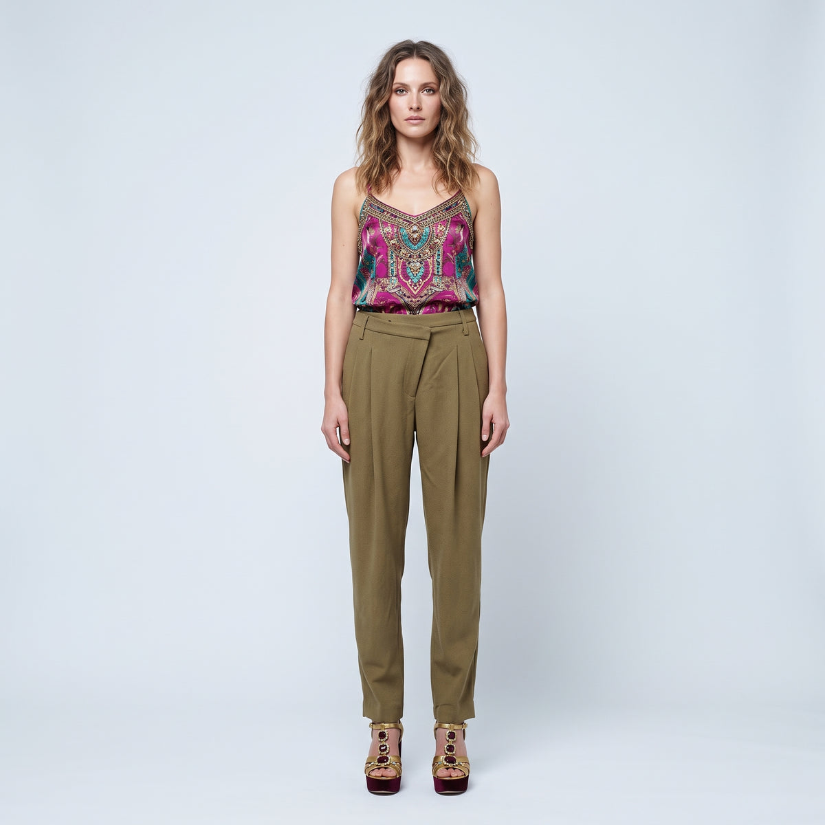 Olive Pleated Tailored Trousers