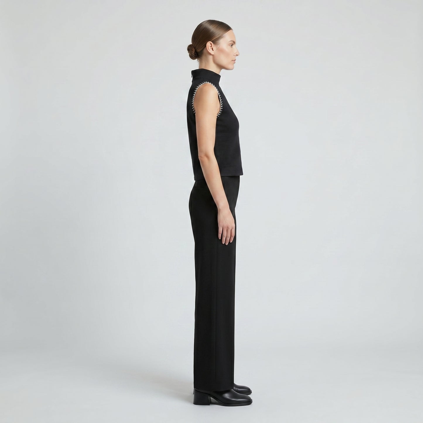 Whipstitch Mock Neck Sleeveless Top
