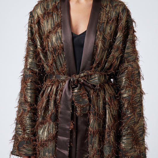 Metallic Fringed Belted Kimono Coat