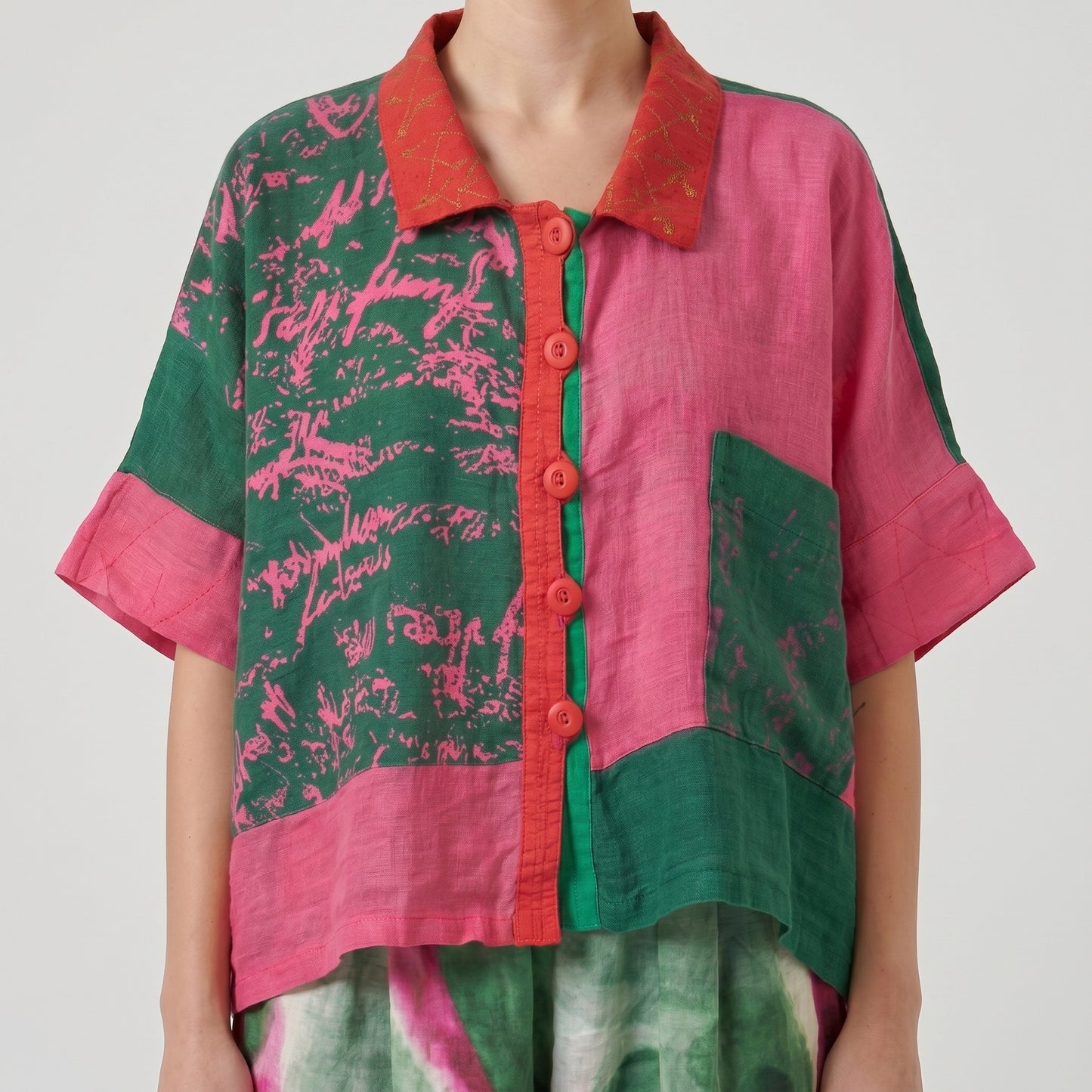 Colorblock Printed Linen Button-Up