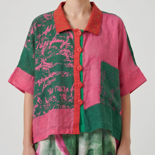 Colorblock Printed Linen Button-Up