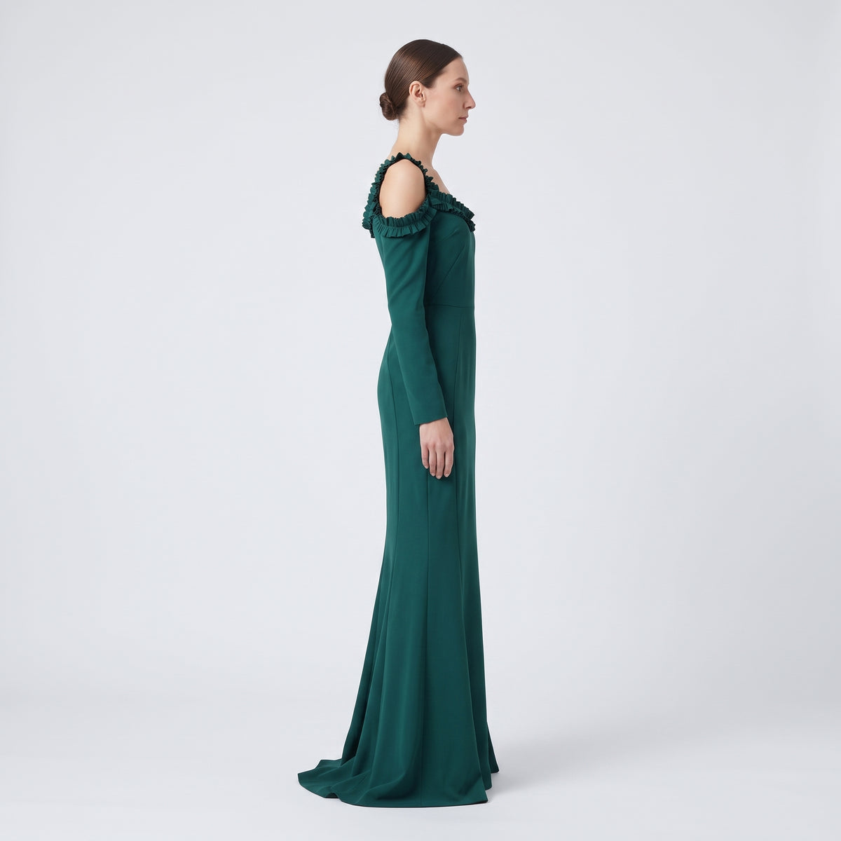 Emerald Ruffle Cold-Shoulder Gown