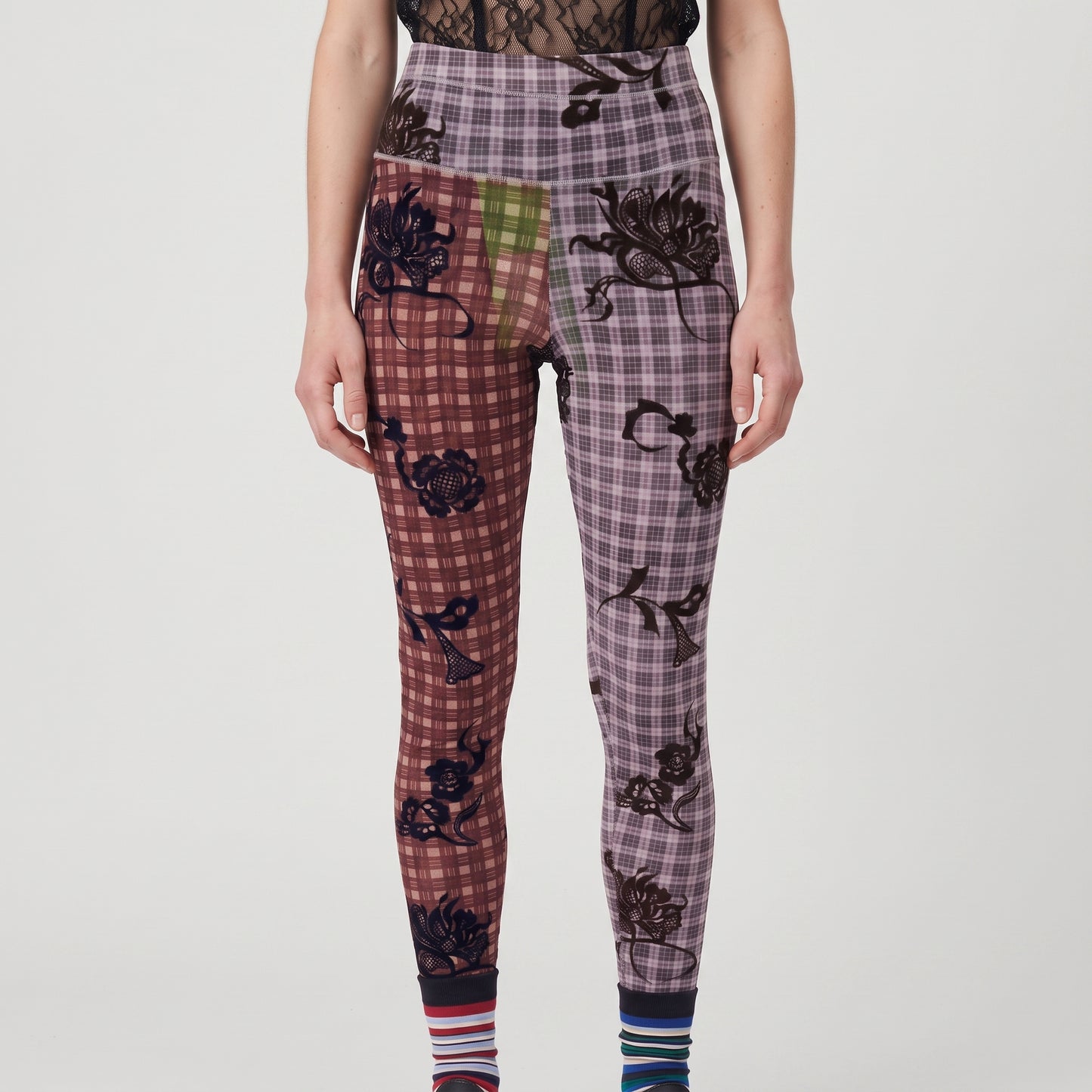 Paneled Floral Plaid Leggings