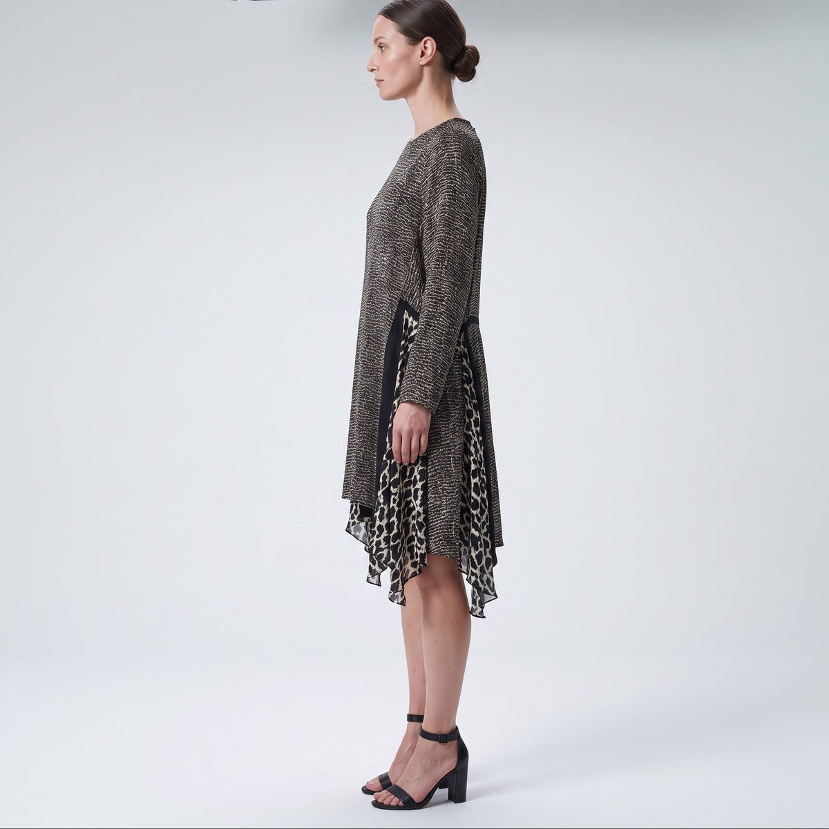 Abstract Print Paneled Silk Dress