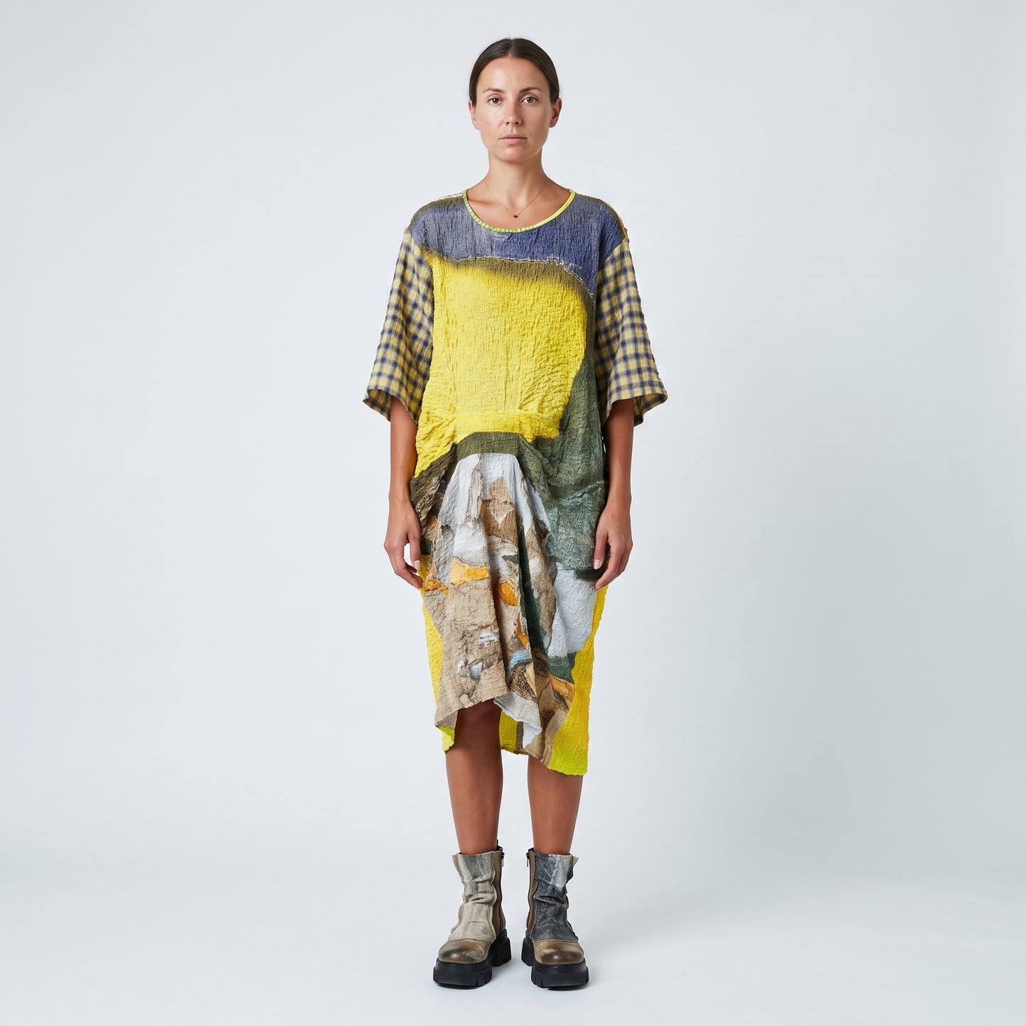 Abstract Print Textured Shift Dress