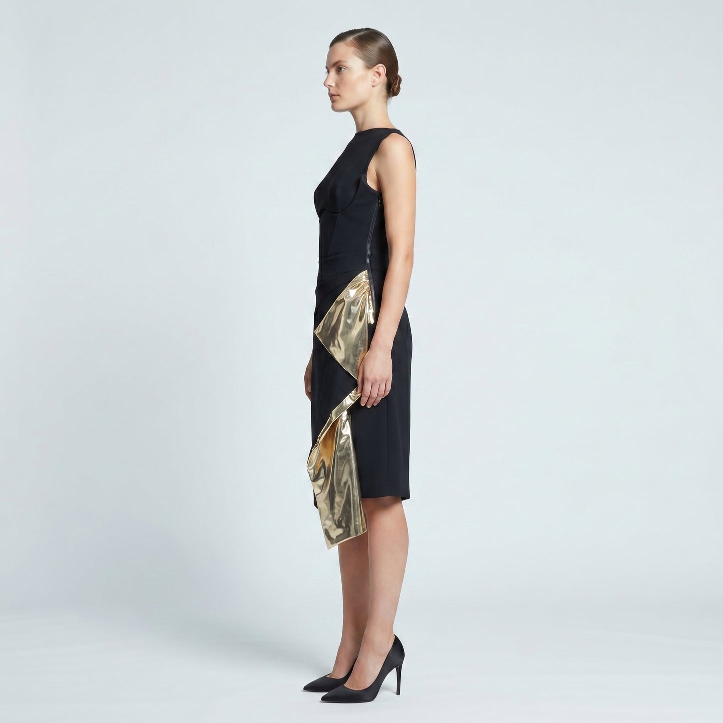 Draped Metallic-Panel Crepe Skirt